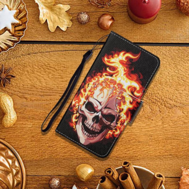 Custodia in pelle Samsung Galaxy M12 / A12 Teschio Ardente Con Cordino