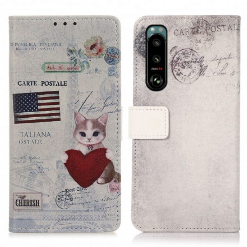 Custodia in pelle Sony Xperia 5 III Gatto Viaggiatore