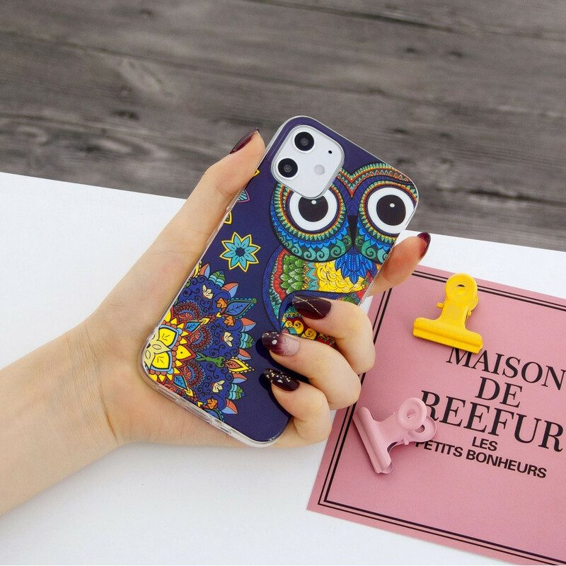 Cover iPhone 12 / 12 Pro Mandala Gufo Fluorescente