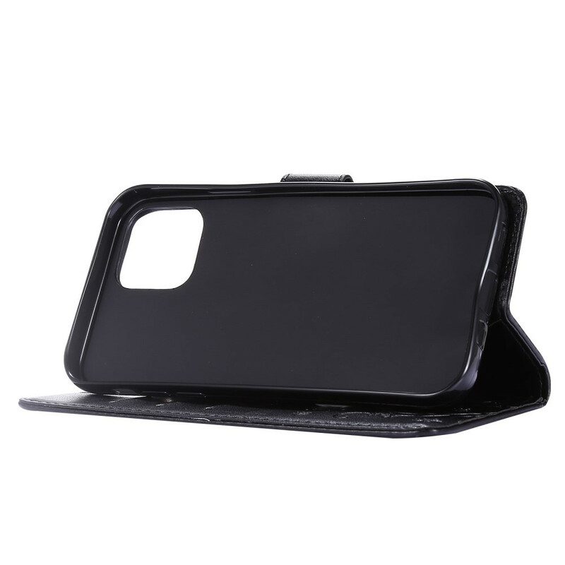 Custodia in pelle iPhone 12 / 12 Pro Cordino Farfalle E Fiori