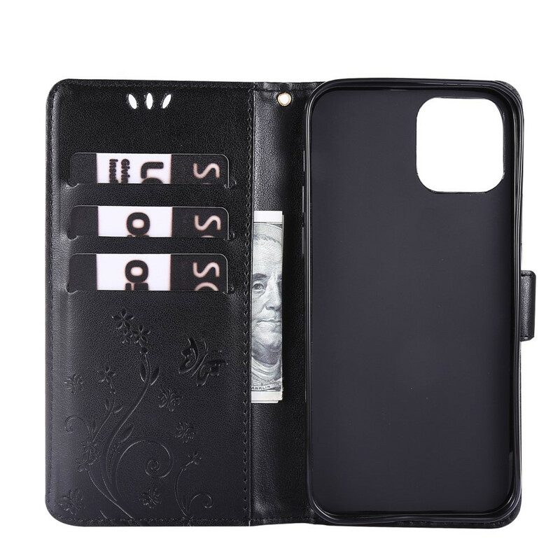 Custodia in pelle iPhone 12 / 12 Pro Cordino Farfalle E Fiori