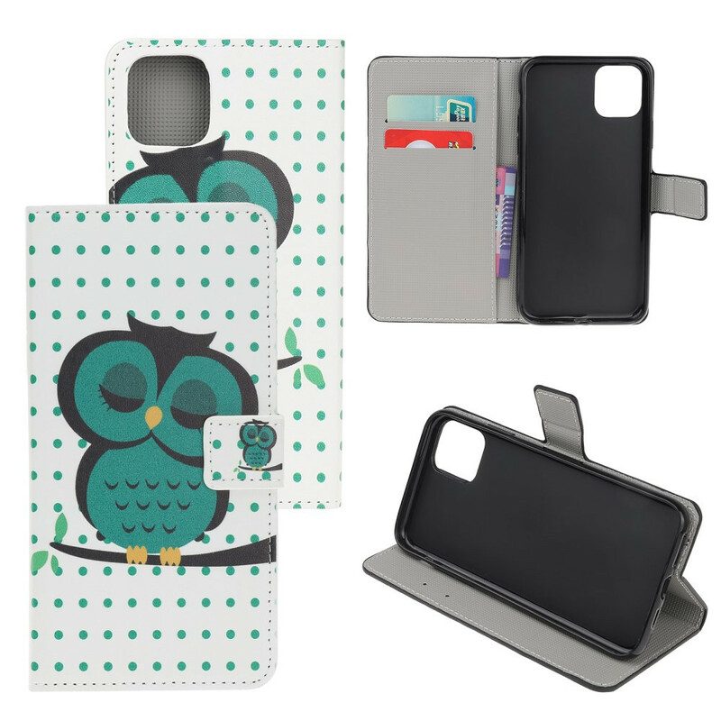 Custodia in pelle iPhone 12 / 12 Pro Gufo Addormentato