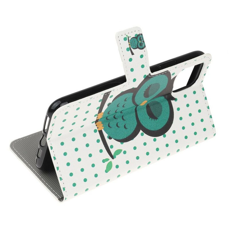 Custodia in pelle iPhone 12 / 12 Pro Gufo Addormentato