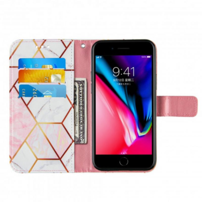 Custodia A Portafoglio iPhone SE 3 / SE 2 / 8 / 7 Marmo Con Cordino