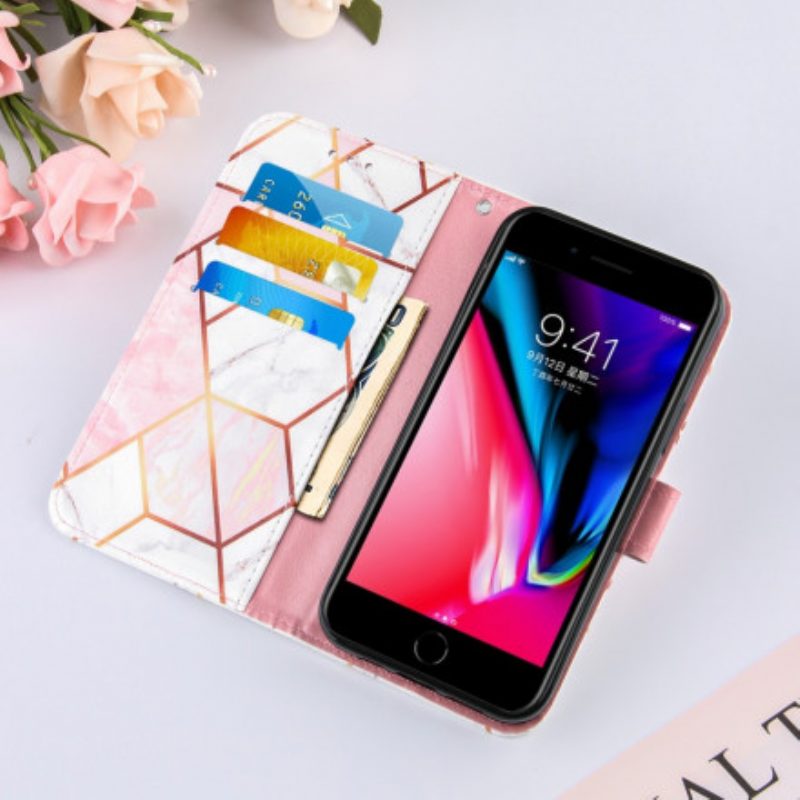 Custodia A Portafoglio iPhone SE 3 / SE 2 / 8 / 7 Marmo Con Cordino