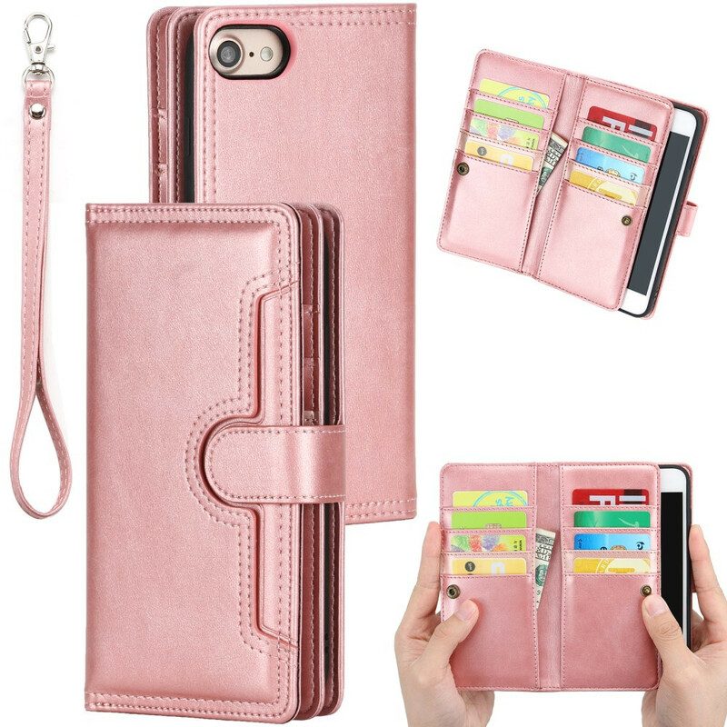 Custodia in pelle iPhone SE 3 / SE 2 / 8 / 7 Multi-card Effetto Pelle Con Cordino
