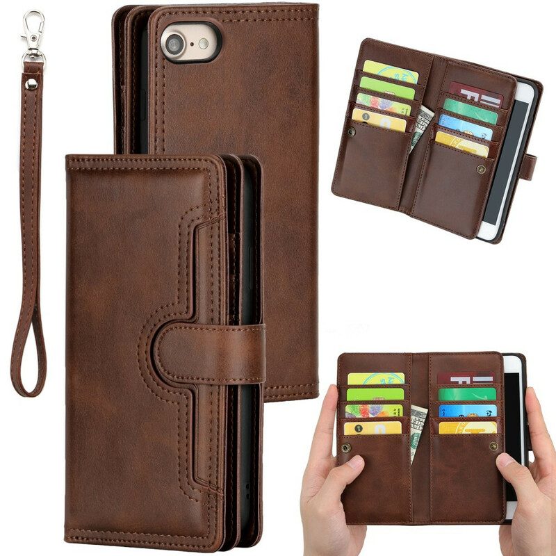 Custodia in pelle iPhone SE 3 / SE 2 / 8 / 7 Multi-card Effetto Pelle Con Cordino