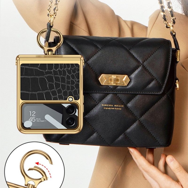 Folio Cover Samsung Galaxy Z Flip 4 Custodia in pelle Coccodrillo Con Moschettone Gkk