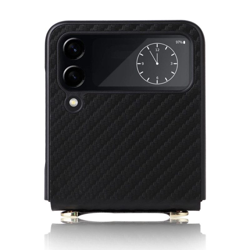 Folio Cover Samsung Galaxy Z Flip 4 Custodia in pelle In Fibra Di Carbonio Con Tracolla