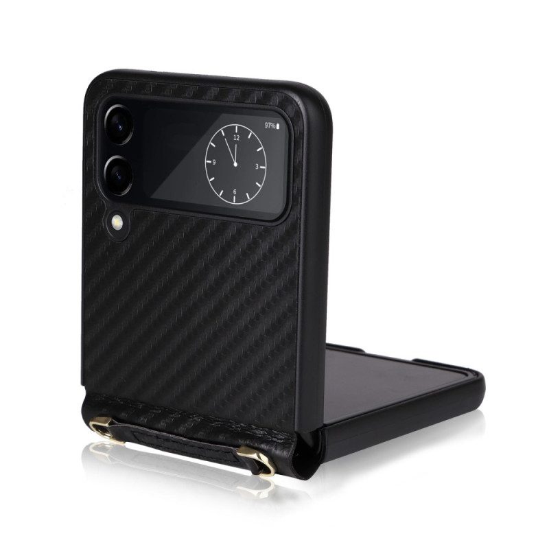Folio Cover Samsung Galaxy Z Flip 4 Custodia in pelle In Fibra Di Carbonio Con Tracolla