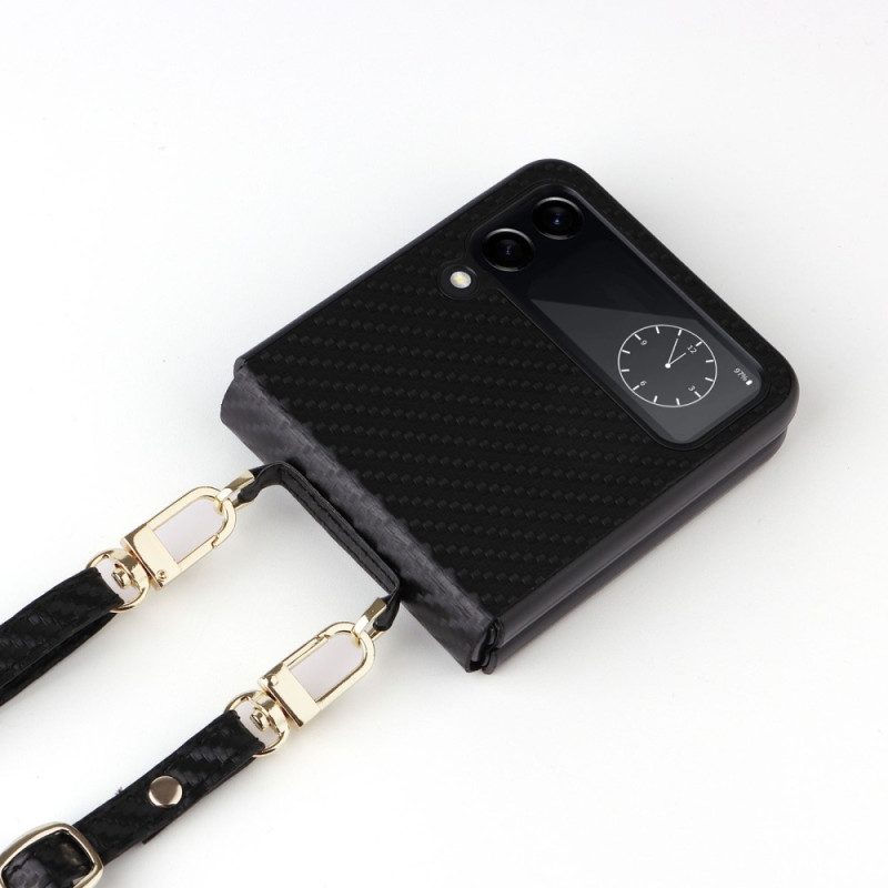 Folio Cover Samsung Galaxy Z Flip 4 Custodia in pelle In Fibra Di Carbonio Con Tracolla