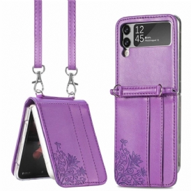 Folio Cover Samsung Galaxy Z Flip 4 Custodia in pelle Fiori A Tracolla