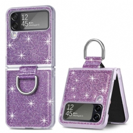 Folio Cover Samsung Galaxy Z Flip 4 Custodia in pelle Paillettes E Anello