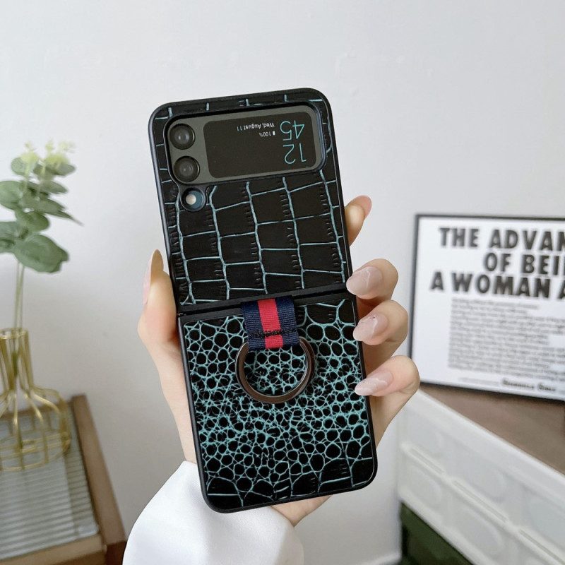 Folio Cover Samsung Galaxy Z Flip 4 Custodia in pelle Stile Coccodrillo E Anello