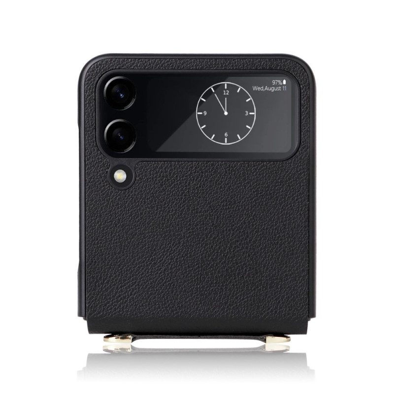 Folio Cover Samsung Galaxy Z Flip 4 Custodia in pelle Texture In Pelle E Tracolla