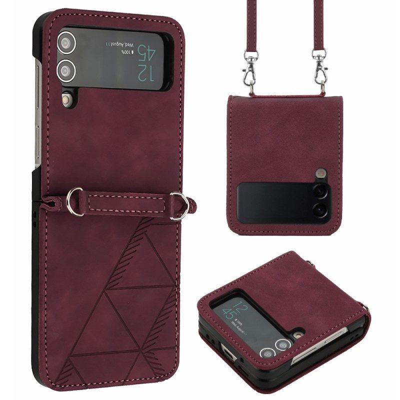 Folio Cover Samsung Galaxy Z Flip 4 Custodia in pelle Triangoli Con Tracolla