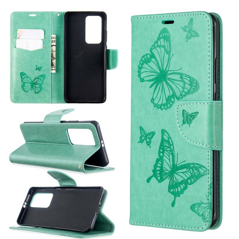 Custodia in pelle Huawei P40 Pro Folio Cover Farfalle E Lembo Obliquo