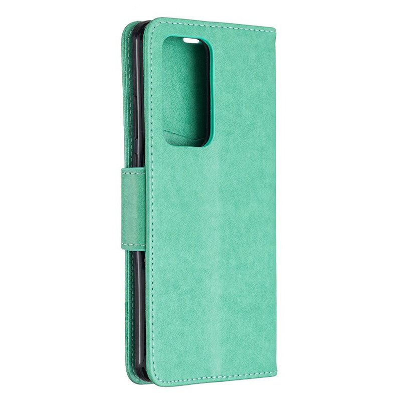 Custodia in pelle Huawei P40 Pro Folio Cover Farfalle E Lembo Obliquo