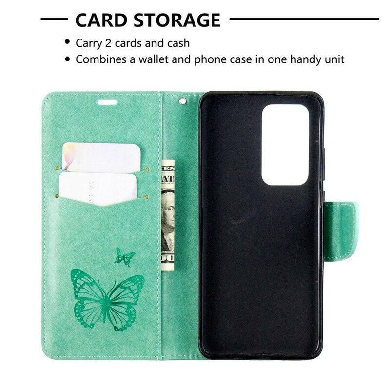 Custodia in pelle Huawei P40 Pro Folio Cover Farfalle E Lembo Obliquo