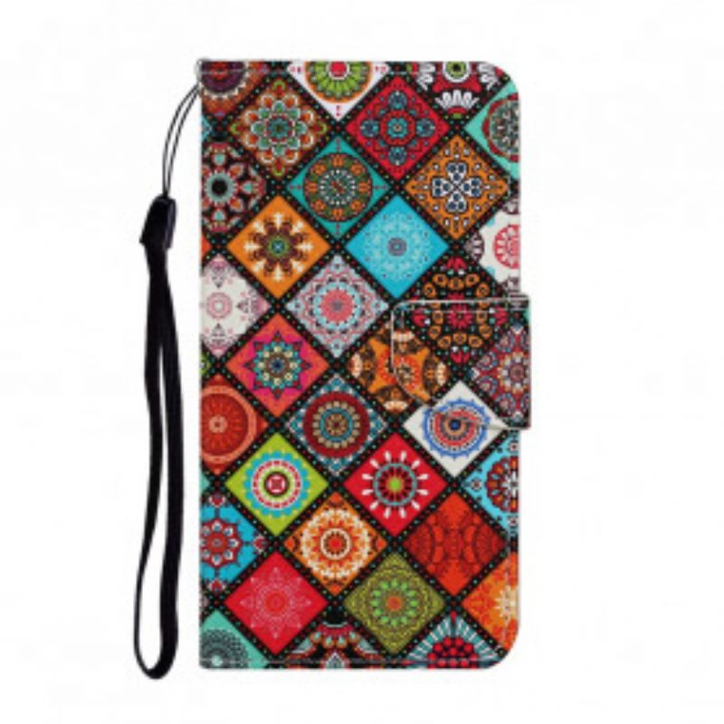 Custodia in pelle Huawei P40 Pro Mandala Patchwork Con Cordino
