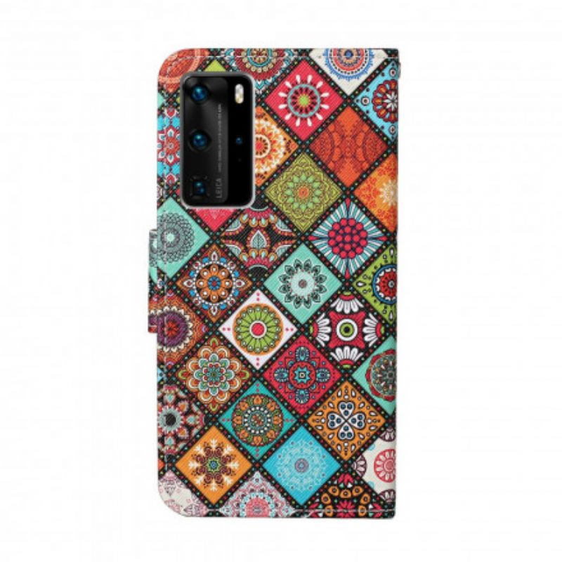 Custodia in pelle Huawei P40 Pro Mandala Patchwork Con Cordino