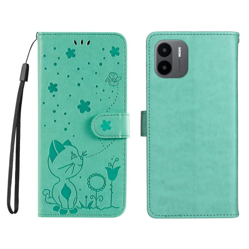 Custodia in pelle Xiaomi Redmi A1 Gatto E Ape Con Cordino