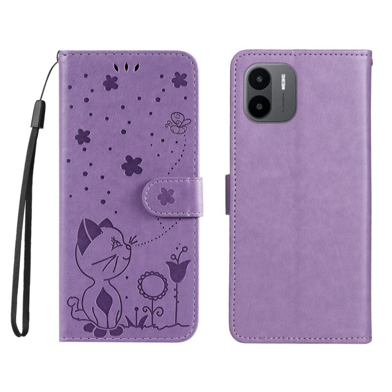 Custodia in pelle Xiaomi Redmi A1 Gatto E Ape Con Cordino