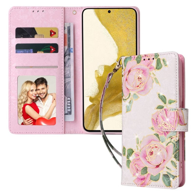 Custodia in pelle Samsung Galaxy S23 Plus 5G Fiori Rfid Con Cordino