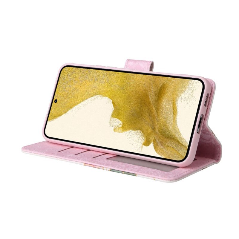 Custodia in pelle Samsung Galaxy S23 Plus 5G Fiori Rfid Con Cordino