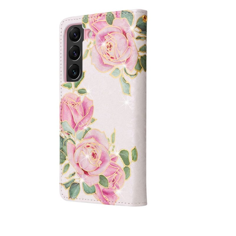 Custodia in pelle Samsung Galaxy S23 Plus 5G Fiori Rfid Con Cordino