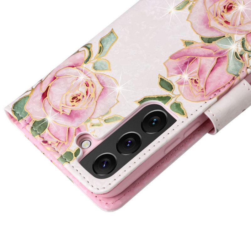 Custodia in pelle Samsung Galaxy S23 Plus 5G Fiori Rfid Con Cordino