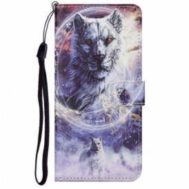Custodia in pelle Moto G71 5G Lupo In Inverno Con Cordino