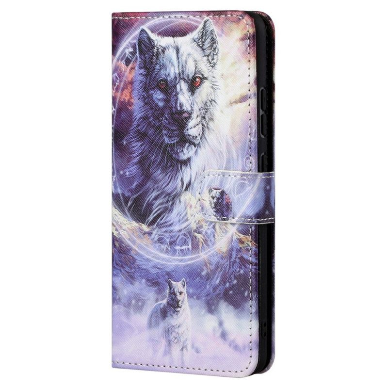 Custodia in pelle Moto G71 5G Lupo In Inverno Con Cordino