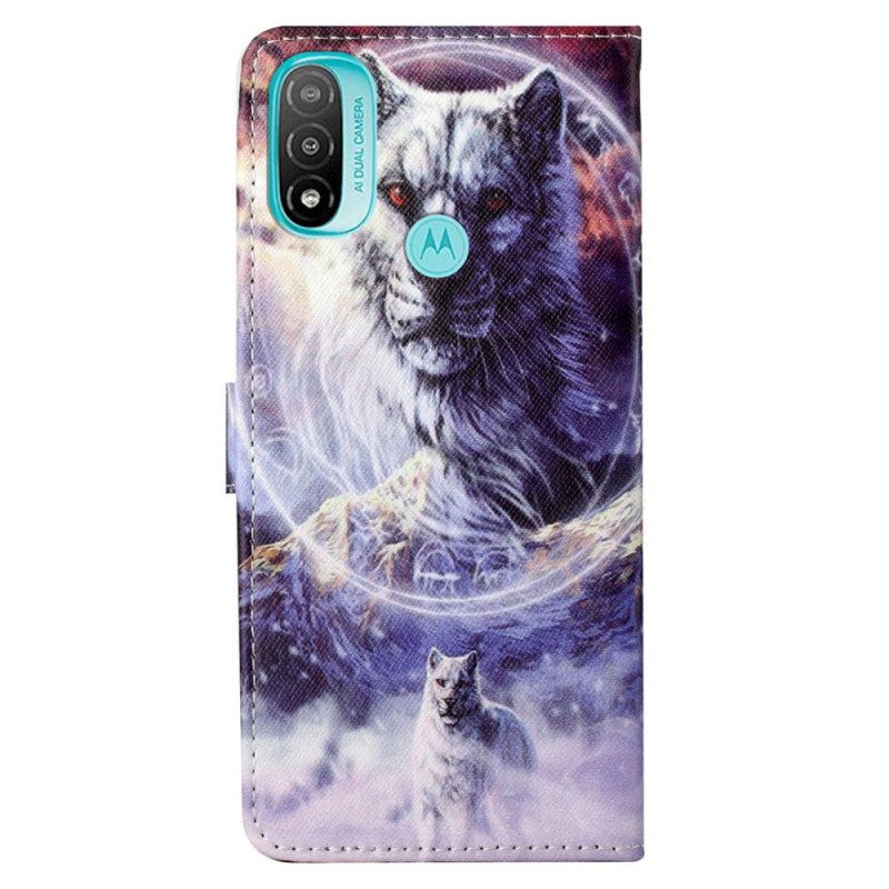 Custodia in pelle Moto G71 5G Lupo In Inverno Con Cordino