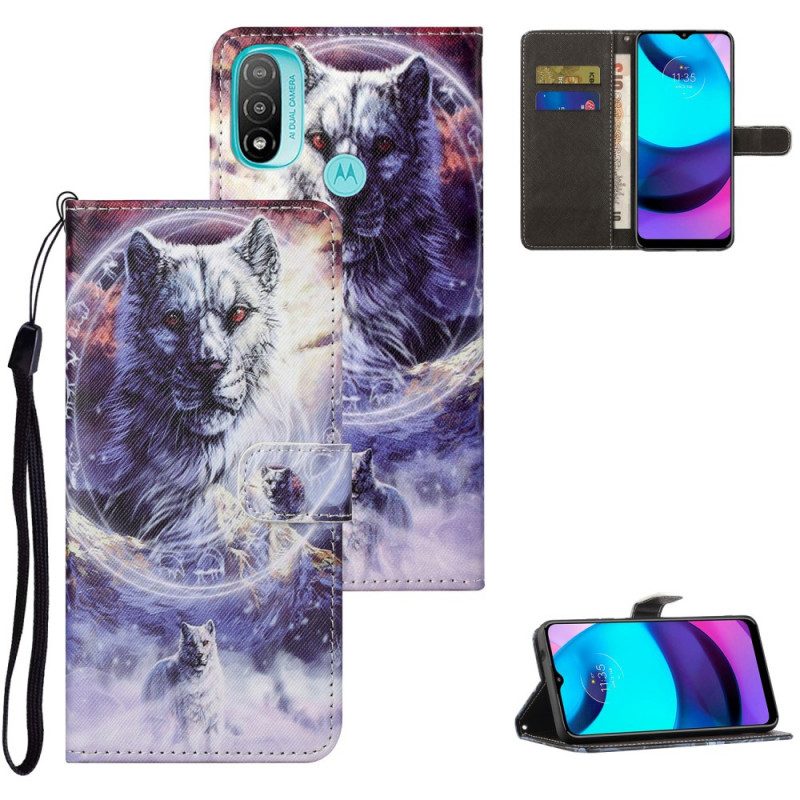 Custodia in pelle Moto G71 5G Lupo In Inverno Con Cordino