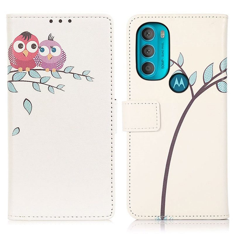 Custodia in pelle Moto G71 5G Paio Di Gufi Sull'albero