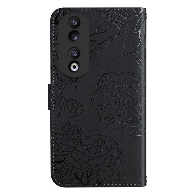Custodia in pelle Honor 90 Farfalle E Cordino