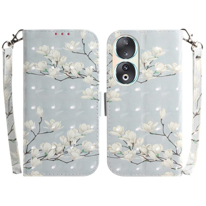 Custodia in pelle Honor 90 Fiori Bianchi Con Cinturino
