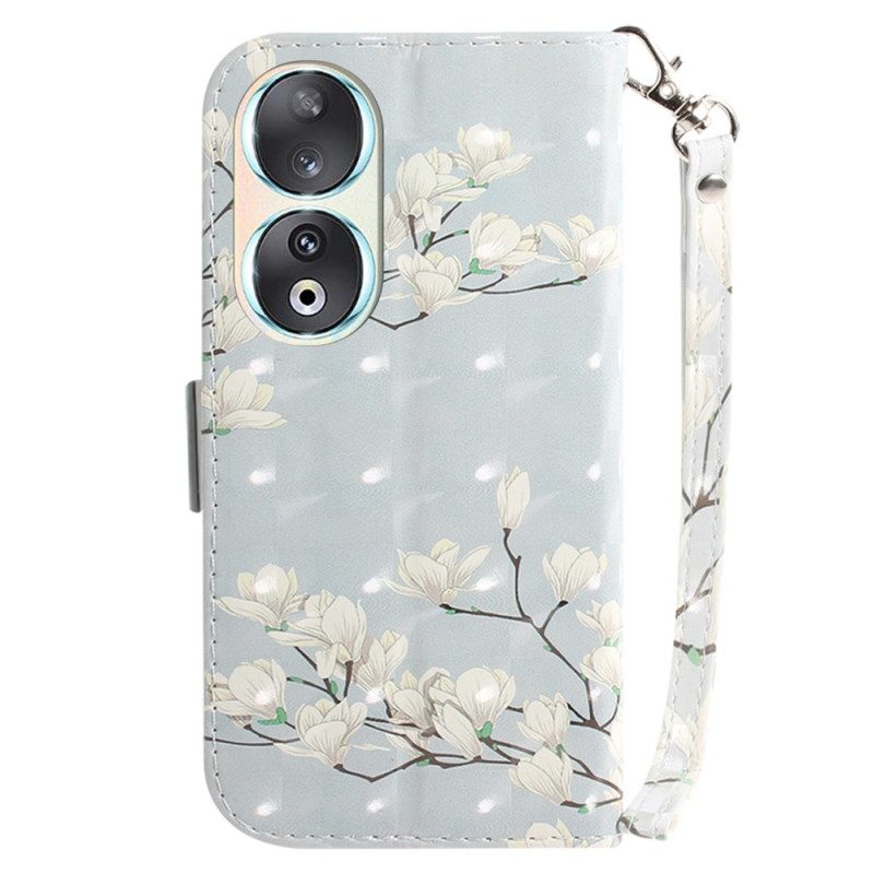 Custodia in pelle Honor 90 Fiori Bianchi Con Cinturino