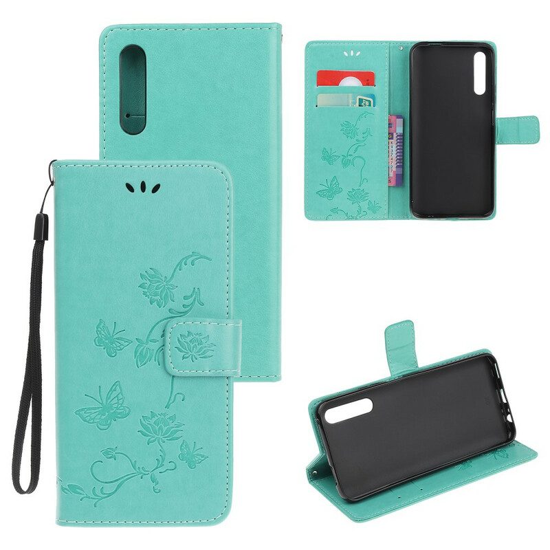 Custodia in pelle Huawei P Smart S Cinturino Farfalle E Fiori