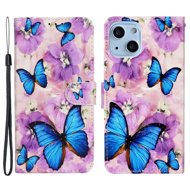 Custodia in pelle iPhone 13 Mini Farfalle Blu In Fiori