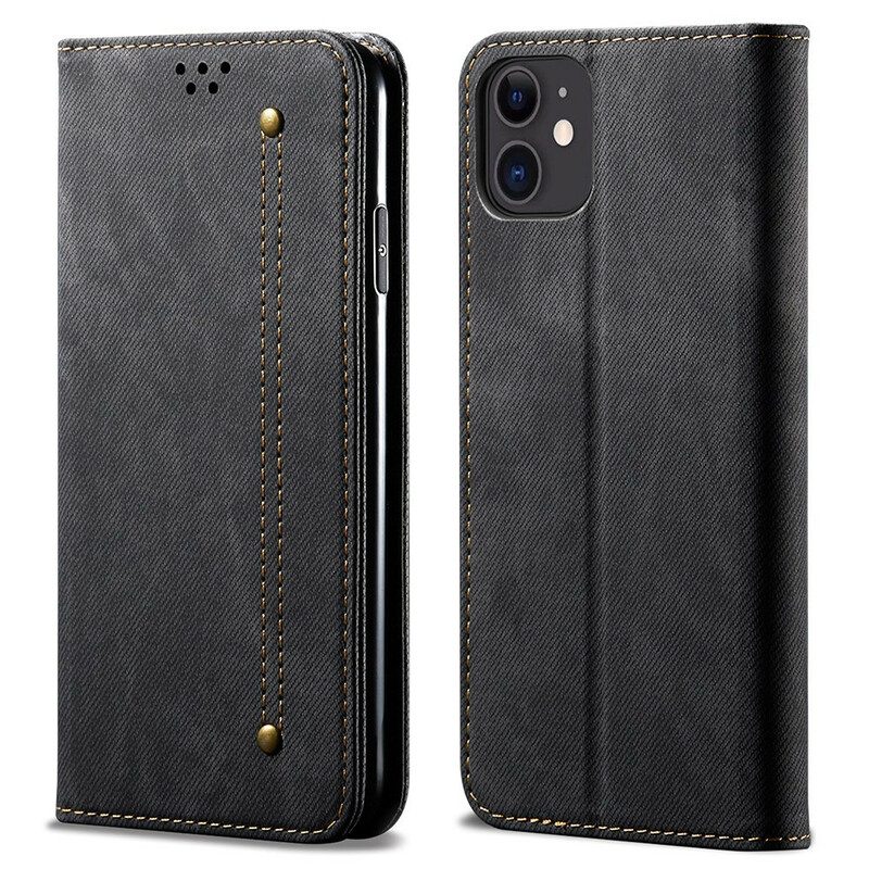 Folio Cover iPhone 13 Mini Custodia in pelle Trama Di Jeans In Ecopelle