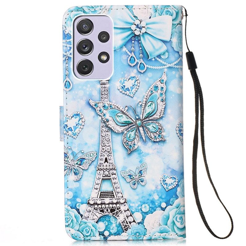 Custodia in pelle Samsung Galaxy A33 5G Cinturino A Farfalla Della Torre Eiffel