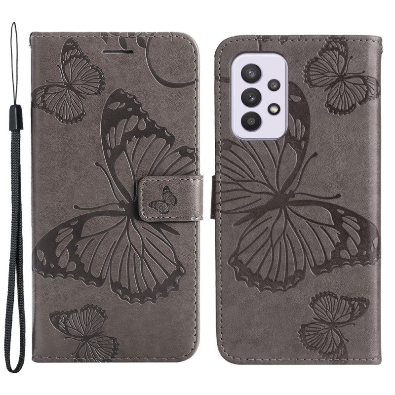 Custodia in pelle Samsung Galaxy A33 5G Farfalle Con Cinturino Gigante