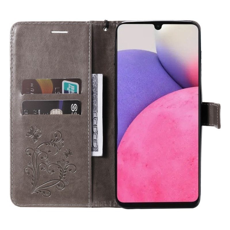 Custodia in pelle Samsung Galaxy A33 5G Farfalle Con Cinturino Gigante