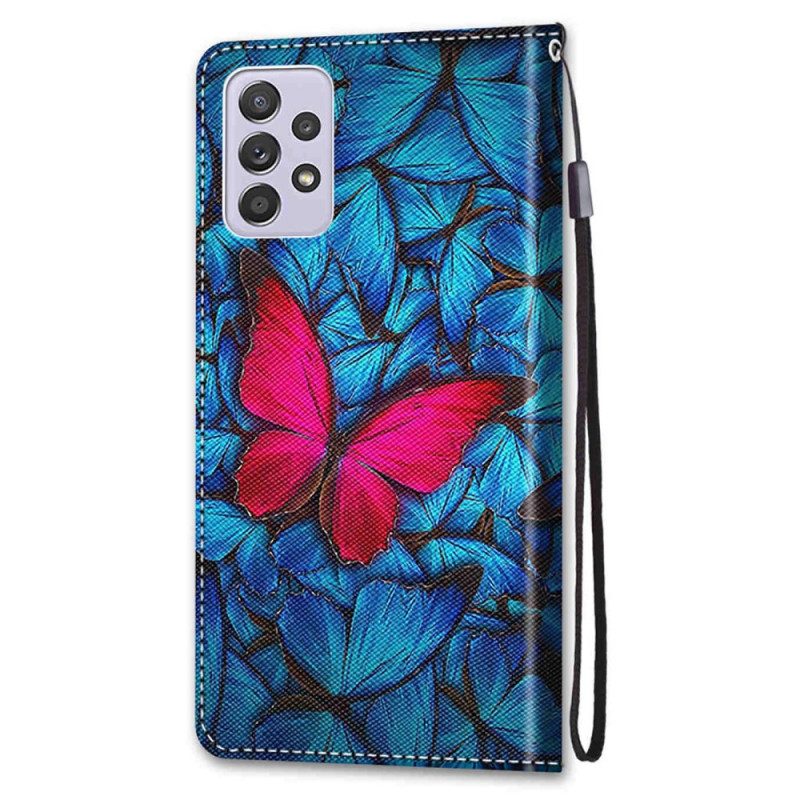 Folio Cover Samsung Galaxy A33 5G Farfalla Rossa Sfondo Blu