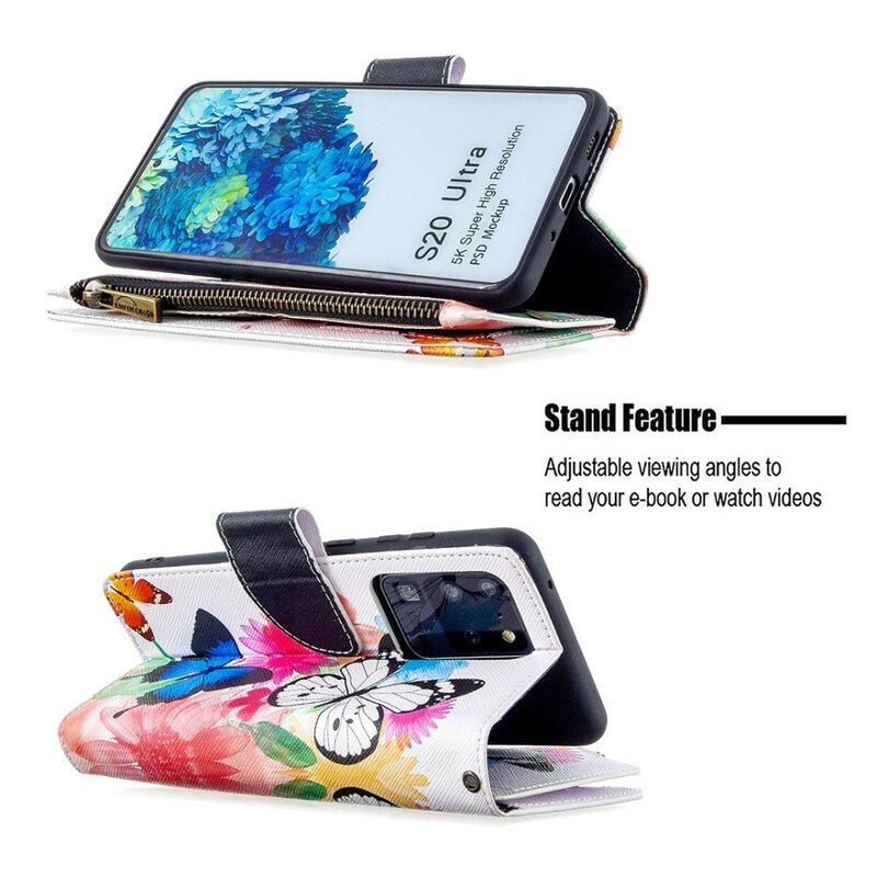 Custodia in pelle Samsung Galaxy S20 Ultra Tasca Con Cerniera Per Farfalle
