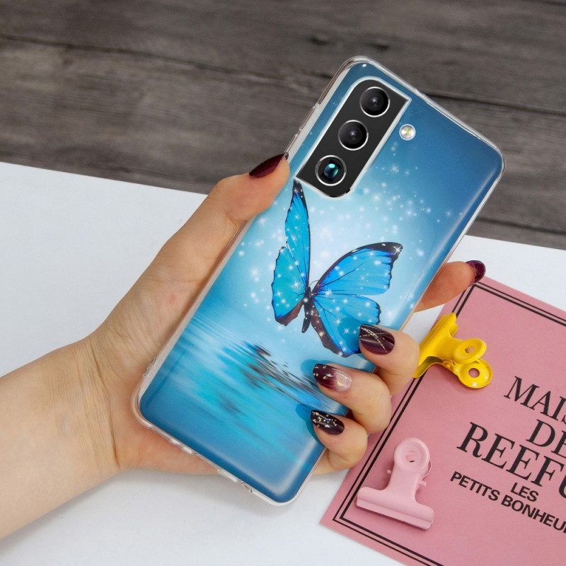 Cover Samsung Galaxy S22 5G Farfalle Blu Fluorescenti