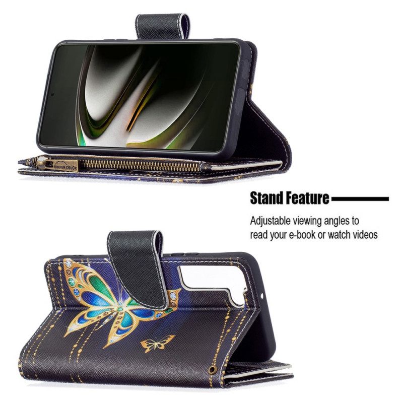 Custodia A Portafoglio Samsung Galaxy S22 5G Tasca Con Cerniera Per Farfalle
