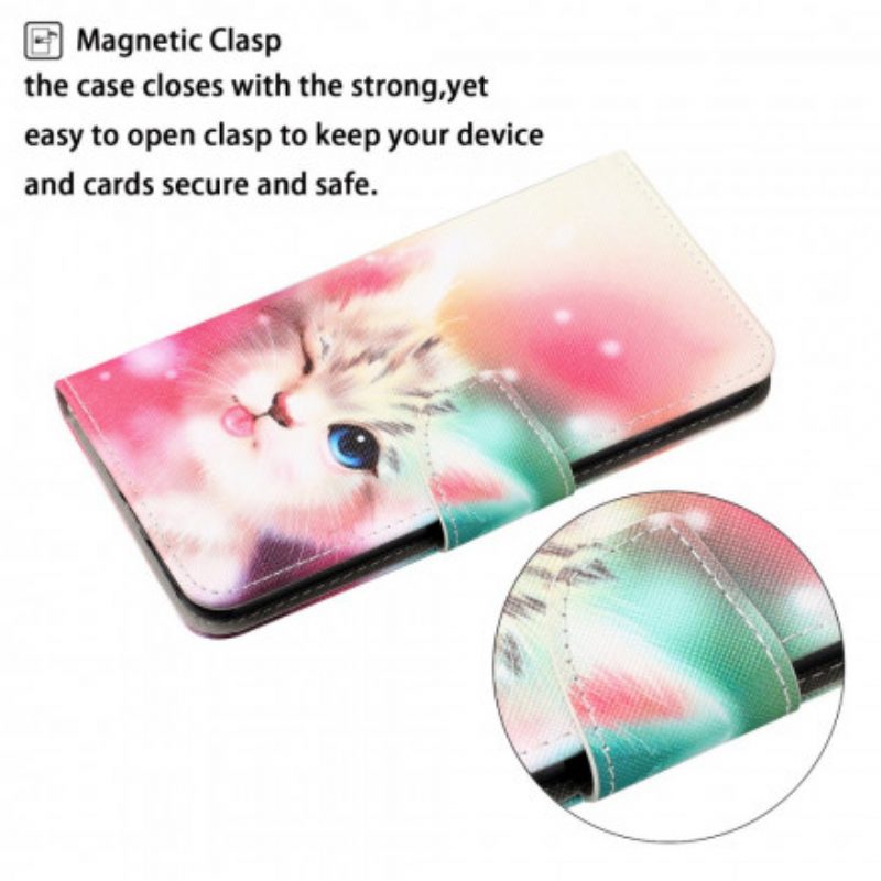 Custodia in pelle Samsung Galaxy A22 Gatto Carino Con Cordino